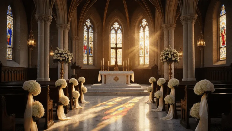 Cinematic wide-angle shot of a sunlit gothic chapel interior featuring pointed arches, dark oak pews with cream ribbons, and white hydrangeas; stained glass windows cast colorful light on marble floors, illuminating a marble altar with candles and a wooden cross, creating a reverent atmosphere.