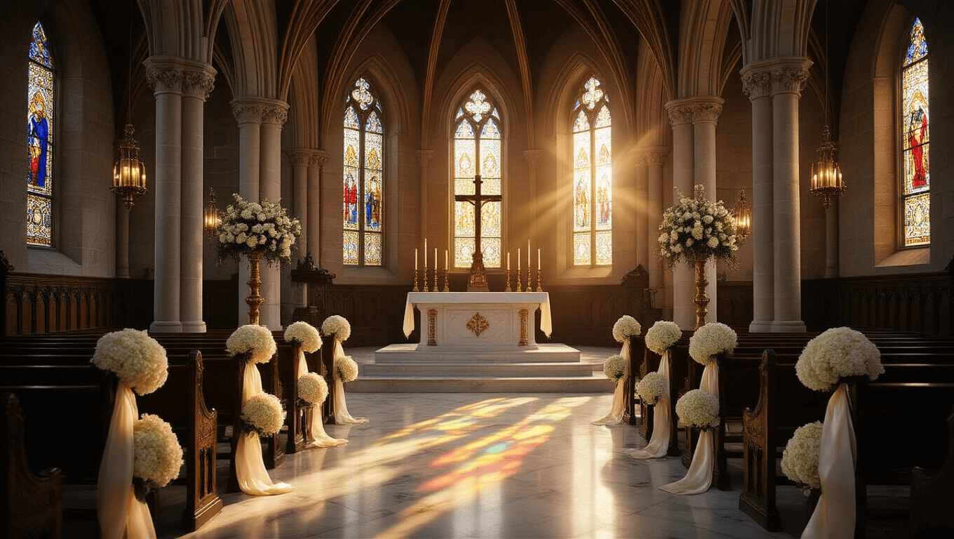 Cinematic wide-angle shot of a sunlit gothic chapel interior featuring pointed arches, dark oak pews with cream ribbons, and white hydrangeas; stained glass windows cast colorful light on marble floors, illuminating a marble altar with candles and a wooden cross, creating a reverent atmosphere.