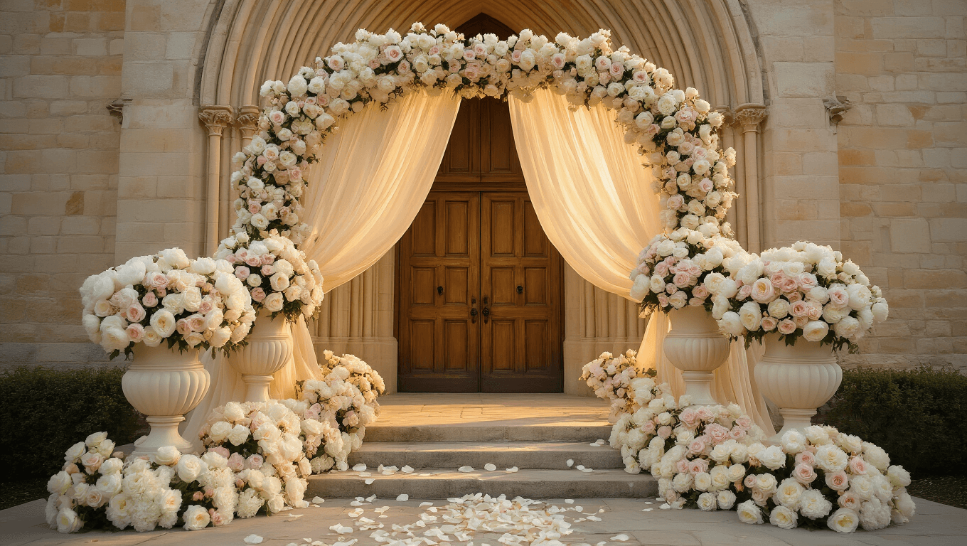 Cinematic wide-angle shot of a Gothic church entrance adorned with cream peonies and blush roses, featuring ivory chiffon draping, warm stone textures, and romantic floral details, captured at golden hour with soft backlit haze and delicate rose petals.