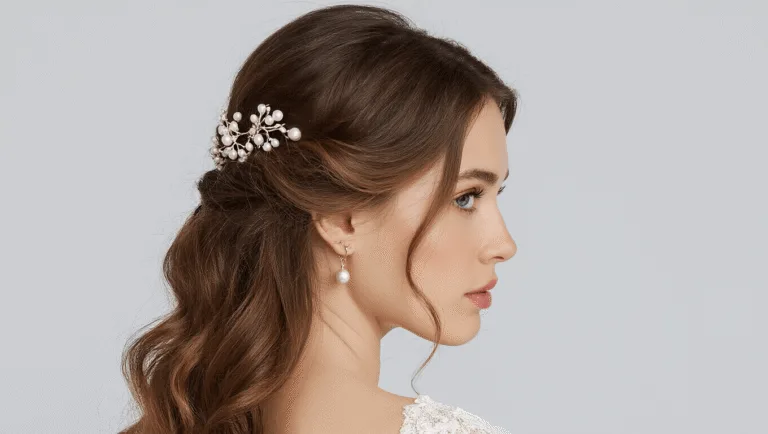 Elegant half-up, half-down bridal hairstyle featuring soft waves and adorned with pearl accessories, set against a clean background.