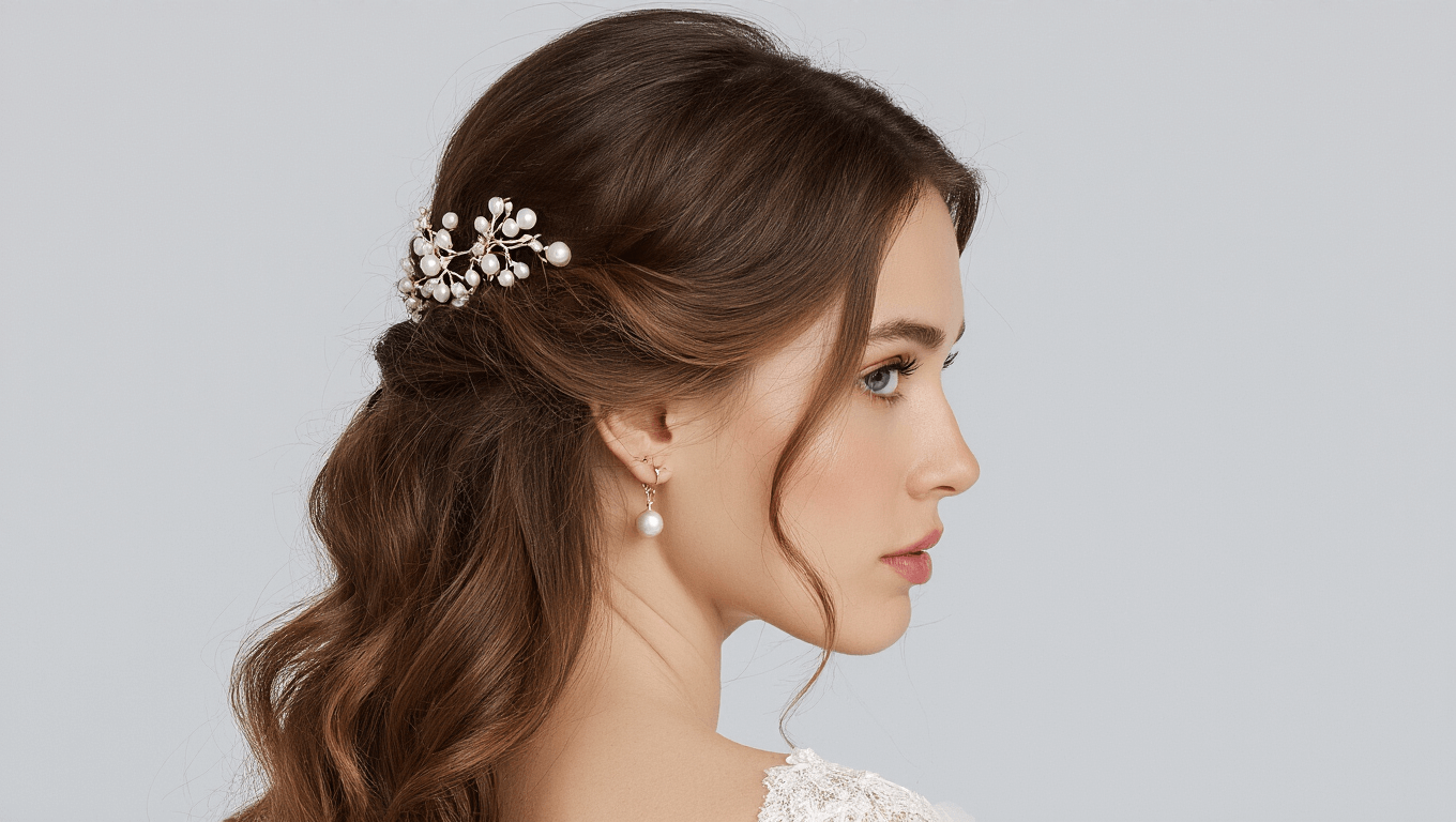 Elegant half-up, half-down bridal hairstyle featuring soft waves and adorned with pearl accessories, set against a clean background.
