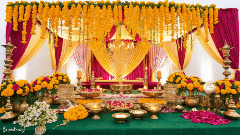 Luxurious Indian wedding mandap centerpiece with marigold garlands, silk drapes, brass diyas, and jewel-toned decor, photographed from a low angle to showcase grandeur and warmth.