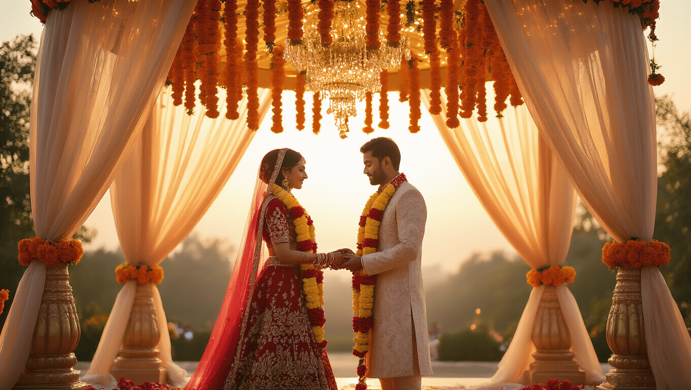 Cinematic shot of an Indian wedding mandap during golden hour, featuring a bride in a crimson lehenga and a groom in an ivory sherwani exchanging floral varmalas amidst marigold and jasmine garlands, with guests in colorful attire and ambient lighting creating a magical atmosphere.