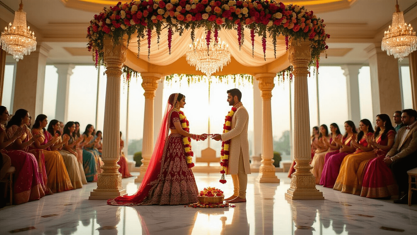 A luxurious Indian wedding ceremony in a grand ballroom, featuring the bride in a deep red lehenga and groom in an ivory sherwani exchanging flower garlands beneath an ornate mandap, with warm sunlight illuminating crystal chandeliers and guests in colorful silk saris.