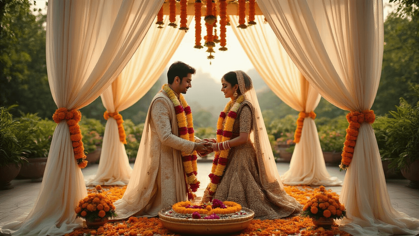 A golden-hour photograph of a traditional Indian wedding varmala ceremony featuring a bride and groom exchanging vibrant floral garlands under an ornate mandap in a lush garden, with soft lighting, detailed close-ups of mehndi designs, and twinkling string lights overhead.