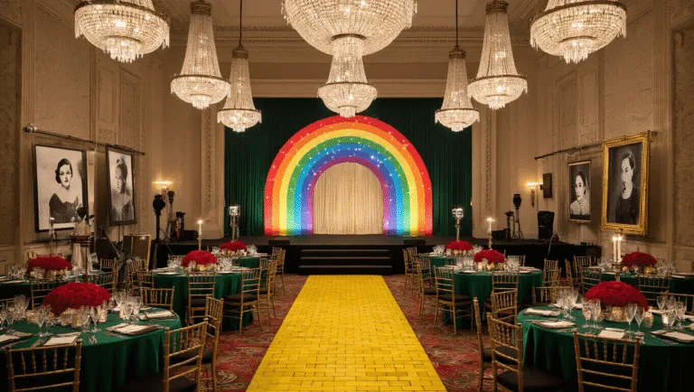 A luxurious Art Deco ballroom adorned for a Judy Garland tribute gala, featuring emerald green silk tablecloths, ruby red rose centerpieces, crystal chandeliers, and a grand yellow brick road carpet leading to a stage with a rainbow arch, capturing the opulent atmosphere in warm golden hour light.
