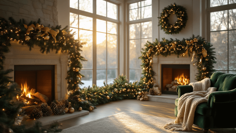 A luxurious living room adorned with a stunning Christmas garland, featuring a grand limestone fireplace and warm sunlight streaming through tall windows, creating a cozy and inviting atmosphere.