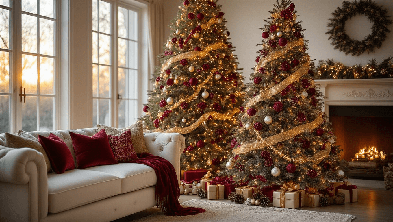 Photorealistic interior of a grand living room with a 9-foot Christmas tree decorated with mixed garlands, warm LED lights, and silver ornaments, alongside a cream sofa with festive pillows and a rustic coffee table with cocoa and cookies, all aglow during golden hour.