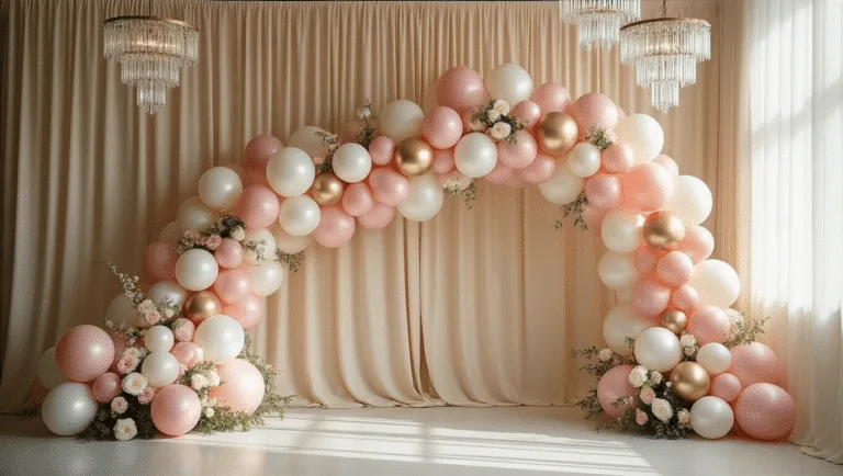 Elegant balloon garland installation in blush pink, pearl white, and metallic gold against a champagne silk backdrop, adorned with greenery and white garden roses, illuminated by natural light and crystal chandeliers.