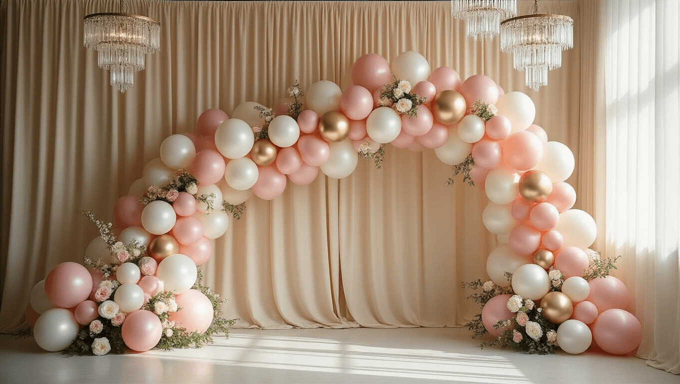 Elegant balloon garland installation in blush pink, pearl white, and metallic gold against a champagne silk backdrop, adorned with greenery and white garden roses, illuminated by natural light and crystal chandeliers.