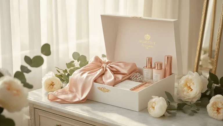 A luxurious bridal subscription box display featuring an opened white box with gold foil, revealing a blush silk robe, crystal-studded wedding planner, rose gold beauty products, and premium skincare items, set on a marble dresser with sheer white curtains and fresh peonies, bathed in warm morning light.