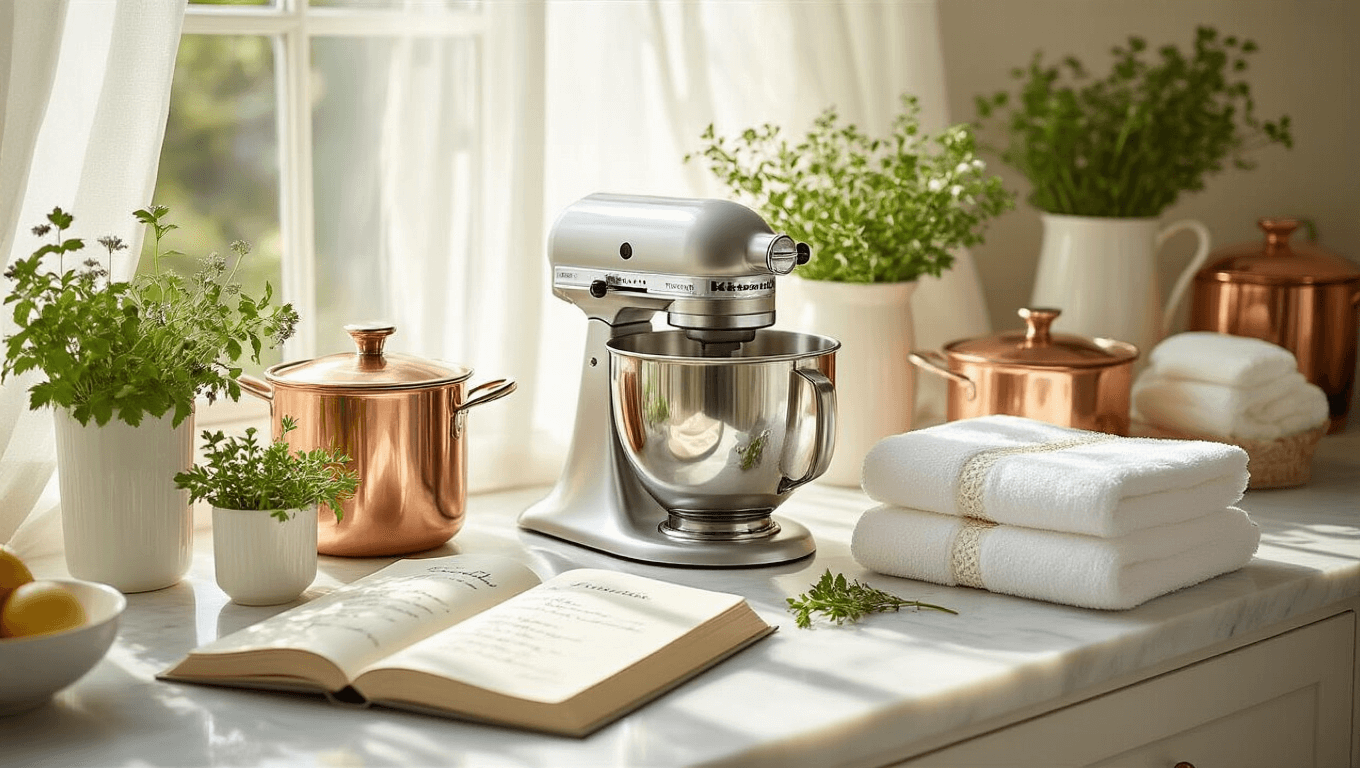 A luxurious bridal shower gift display featuring a silver KitchenAid mixer, copper cookware, fresh herbs, handwritten recipe book, monogrammed bath towels, a crystal-adorned "Mrs." denim jacket, a luxury spa gift box, a blush silk robe, and fresh peonies, all in a sun-drenched corner with soft, diffused natural lighting.