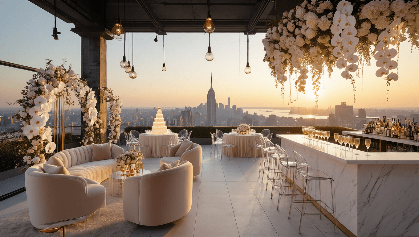 A luxurious rooftop terrace at golden hour, featuring cream and blush velvet lounge furniture, a geometric white marble bar with champagne towers, ghost chairs with silk linens, dramatic floral installations, floor-to-ceiling windows reflecting the Manhattan skyline, and ambient lighting from string lights and modern fixtures.