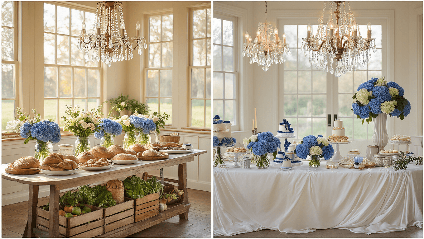 A cinematic series showcasing six luxurious bridal shower settings, including a farmhouse kitchen with natural light, an elegant blue-themed dining area, a sunlit conservatory brunch, a Tuscan-inspired barn, a boho greenhouse, and a cozy winter wonderland, all depicted in 8K ultra-HD with rich textures and atmospheric lighting.