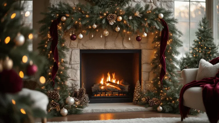 A warmly lit living room featuring a grand stone fireplace adorned with a lush evergreen garland, decorated with fairy lights, crystal ornaments, metallic baubles, and velvet ribbons, alongside a cozy armchair and a twinkling Christmas tree in the background.