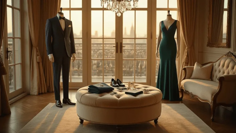 A luxurious styling suite bathed in warm golden hour light, featuring a champagne-colored velvet ottoman with pocket squares and jewelry. A tailored charcoal suit stands on a brass mannequin, while an emerald silk midi dress drapes on a cream velvet settee, surrounded by polished oxford shoes and a shimmering crystal chandelier. The scene showcases rich textures of silk and velvet, with a navy and cream wardrobe system in the background, all captured in a dramatic, professional photography style.