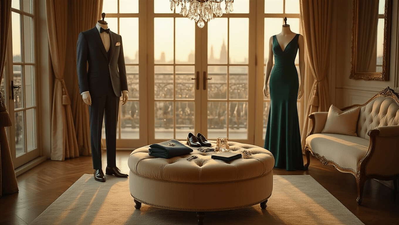 A luxurious styling suite bathed in warm golden hour light, featuring a champagne-colored velvet ottoman with pocket squares and jewelry. A tailored charcoal suit stands on a brass mannequin, while an emerald silk midi dress drapes on a cream velvet settee, surrounded by polished oxford shoes and a shimmering crystal chandelier. The scene showcases rich textures of silk and velvet, with a navy and cream wardrobe system in the background, all captured in a dramatic, professional photography style.