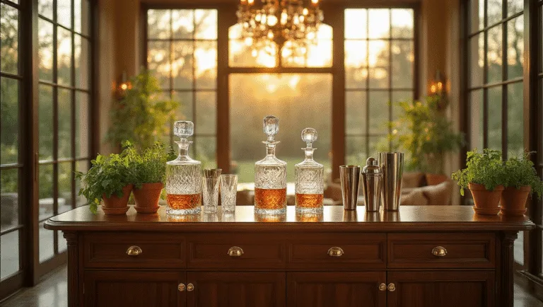 Opulent cocktail hour setup featuring a walnut bar with crystal decanters, brass accents, and terracotta herbs, illuminated by golden hour light in a spacious room with dramatic shadows and inviting textures.