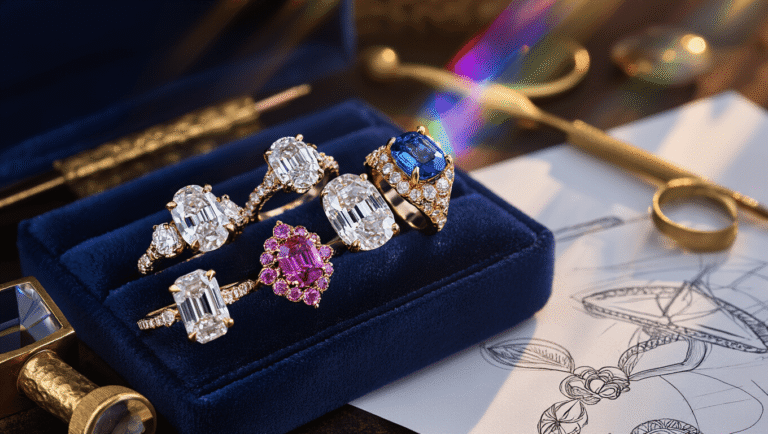 Cinematic macro shot of a luxury engagement ring collection featuring multi-stone sapphire and diamond pieces displayed on deep navy velvet, with dramatic lighting creating rainbow reflections, and an intimate, high-end jewelry boutique ambiance.