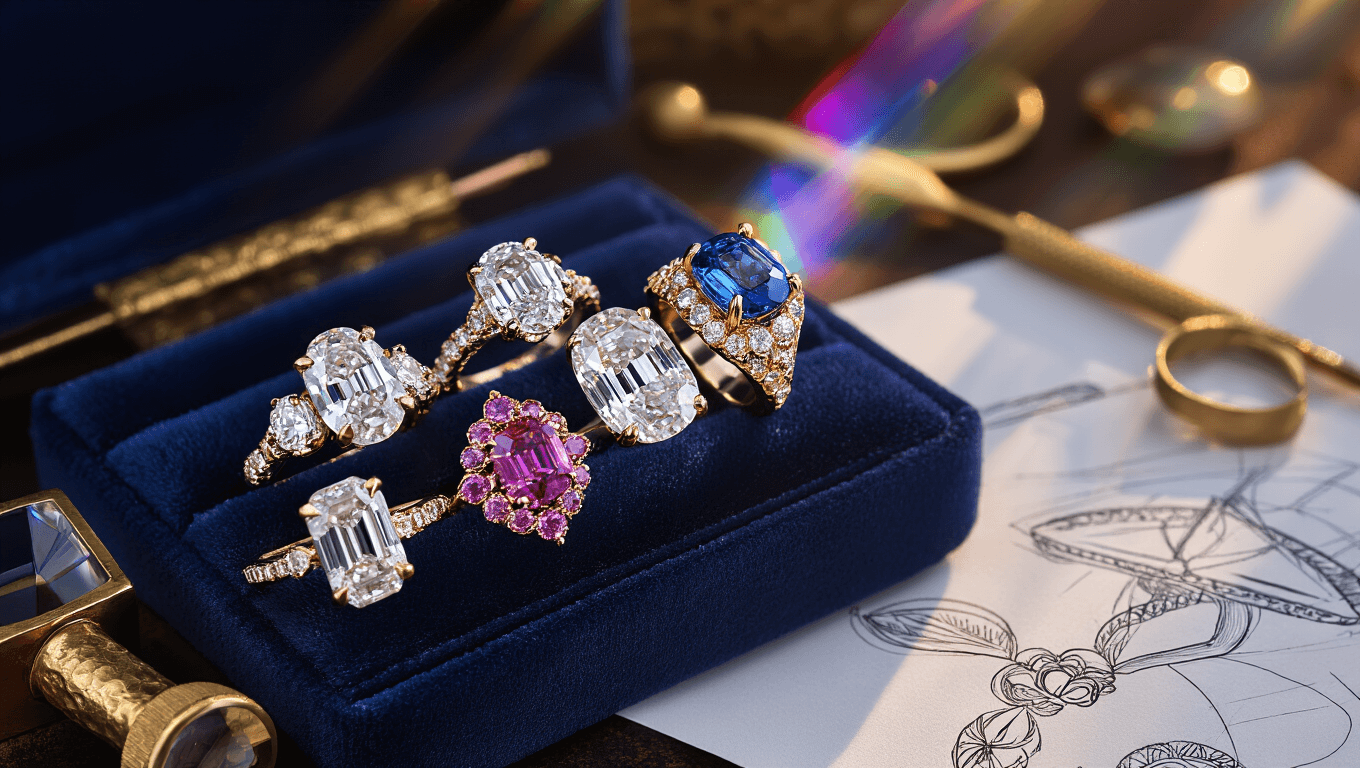 Cinematic macro shot of a luxury engagement ring collection featuring multi-stone sapphire and diamond pieces displayed on deep navy velvet, with dramatic lighting creating rainbow reflections, and an intimate, high-end jewelry boutique ambiance.