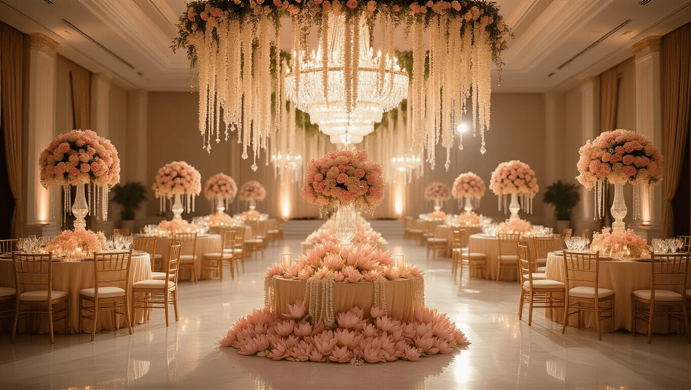 A luxurious indoor ballroom adorned with cascading lotus garland centerpieces, crystal chandeliers, and ornate tables dressed in champagne silk linens, illuminated by warm golden hour light.