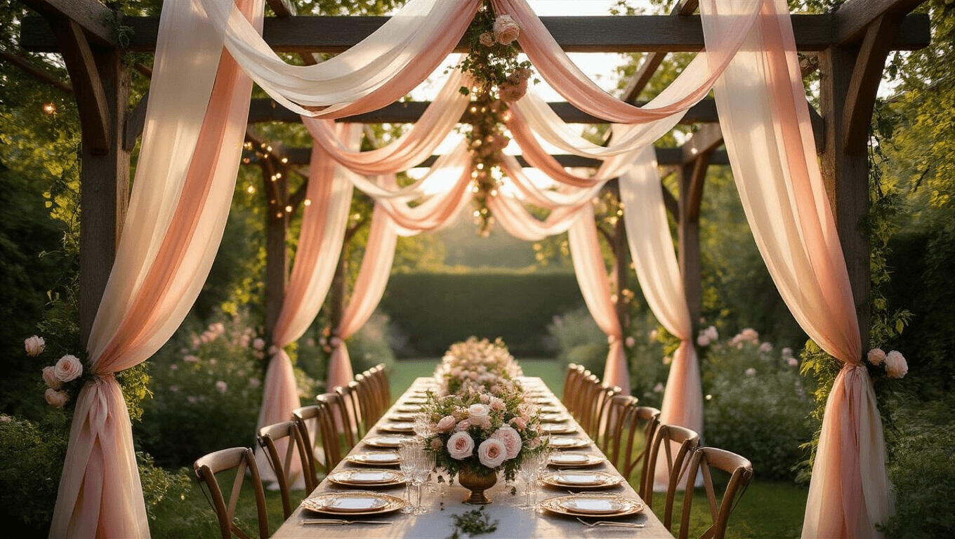 Cinematic wide-angle shot of an elegant garden party with a flowing ribbon garland installation in blush pink, cream, and champagne, intertwined with fairy lights and garden roses, featuring a vintage farmhouse table set with crystal place settings and gold-rimmed plates, capturing ethereal sunlight and soft tulle ribbons in a photorealistic 8K quality.