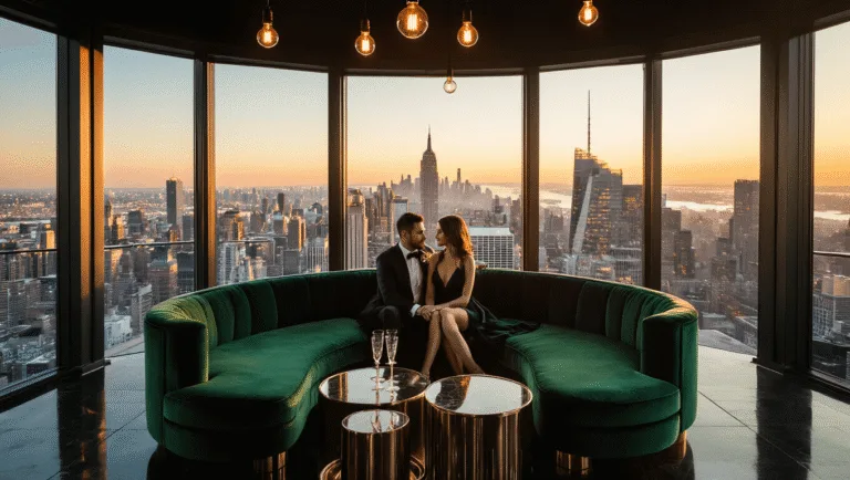 A luxurious rooftop bar interior during golden hour, featuring a couple on an emerald velvet sofa, with a city skyline visible through floor-to-ceiling windows, warm lighting, and elegant decor.