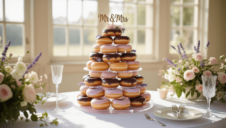 Luxurious 5-tiered acrylic donut display at a sunlit wedding, featuring an ombré arrangement of glazed donuts, fresh edible flowers, and a gold "Mr & Mrs" topper, with vintage cake stands and twinkling fairy lights in the background.