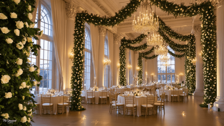 Photorealistic opulent ballroom with cascading evergreen garlands and white roses, warm candlelight, crystal chandeliers, and elegant banquet setup, featuring gold-rimmed place settings and calligraphy cards, captured in 8K resolution with a soft bokeh effect and moody cinematic color grading.