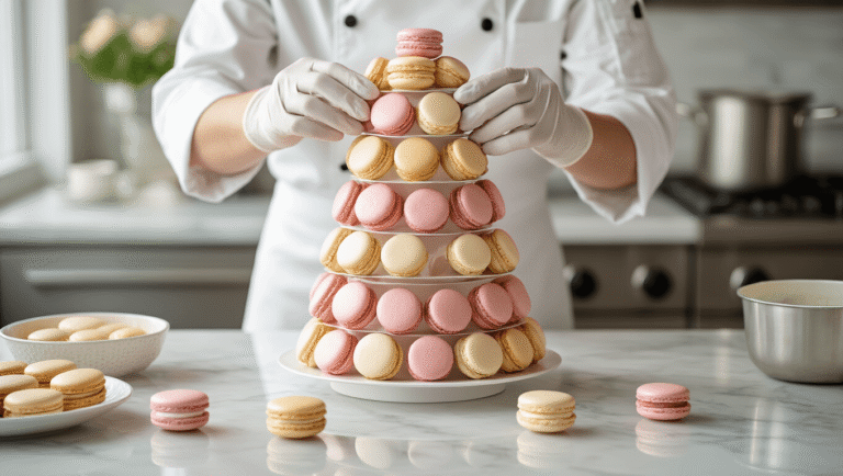 A beautifully assembled 8-tier macaron tower in blush pink, ivory, and champagne gold showcased in a professional kitchen, captured in soft morning light with a shallow depth of field, highlighting intricate details and artistic elegance.