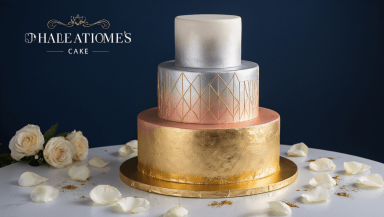 A majestic three-tiered wedding cake with a silver to gold ombré effect, featuring Art Deco patterns, gold leaf, and rose gold tones, presented against a deep navy backdrop with white rose petals and gold dust accents.