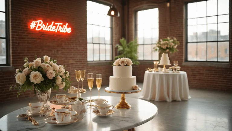 A luxurious bridal shower venue featuring a marble dessert table with a three-tiered cake, vintage teacups, and a glowing neon sign reading "#BrideTribe," set in a sunlit industrial loft with exposed brick walls and polished concrete floors.