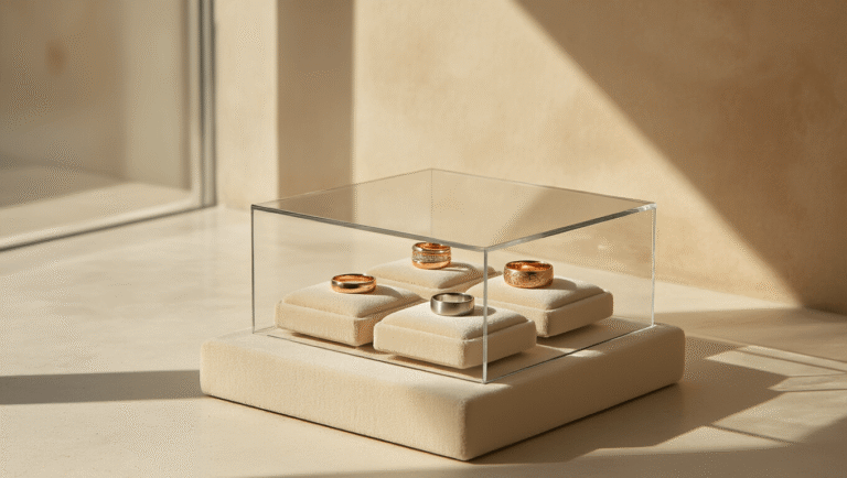 Cinematic wide shot of a sunlit minimalist jewelry studio showcasing diverse mismatched wedding bands in a floating glass display, with natural light casting geometric shadows on polished concrete floors.