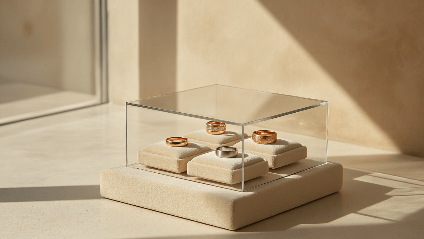 Cinematic wide shot of a sunlit minimalist jewelry studio showcasing diverse mismatched wedding bands in a floating glass display, with natural light casting geometric shadows on polished concrete floors.
