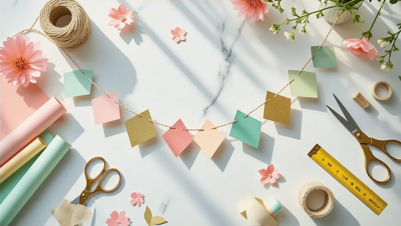 A sunlit craft workspace arranged with colorful craft paper, sharp scissors, twine, and glue sticks on a marble surface, featuring a partially completed paper garland in blush pink, sage green, and gold, with scattered paper shapes and flowers, captured with a warm color temperature and soft bokeh effect.