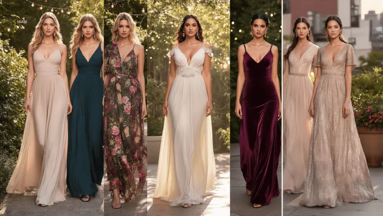 A collection of diverse plus-size wedding guest attire, featuring flowing maxi dresses, elegant jumpsuits, and evening gowns in jewel tones and pastels, set in romantic locations like a sun-drenched garden and urban rooftop at golden hour, with natural lighting showcasing fabric textures and accessorized models amidst a dreamy atmosphere with bokeh effects and string lights.