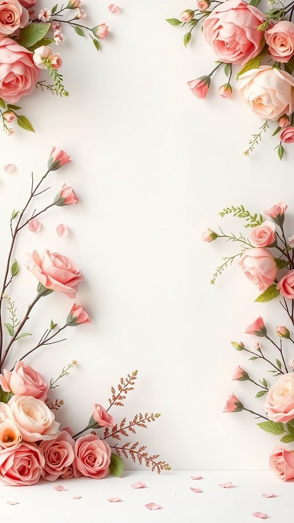 A romantic photo booth backdrop featuring pink roses and greenery.