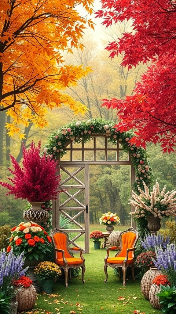 A romantic autumn wedding setup with colorful foliage, floral arrangements, and cozy chairs