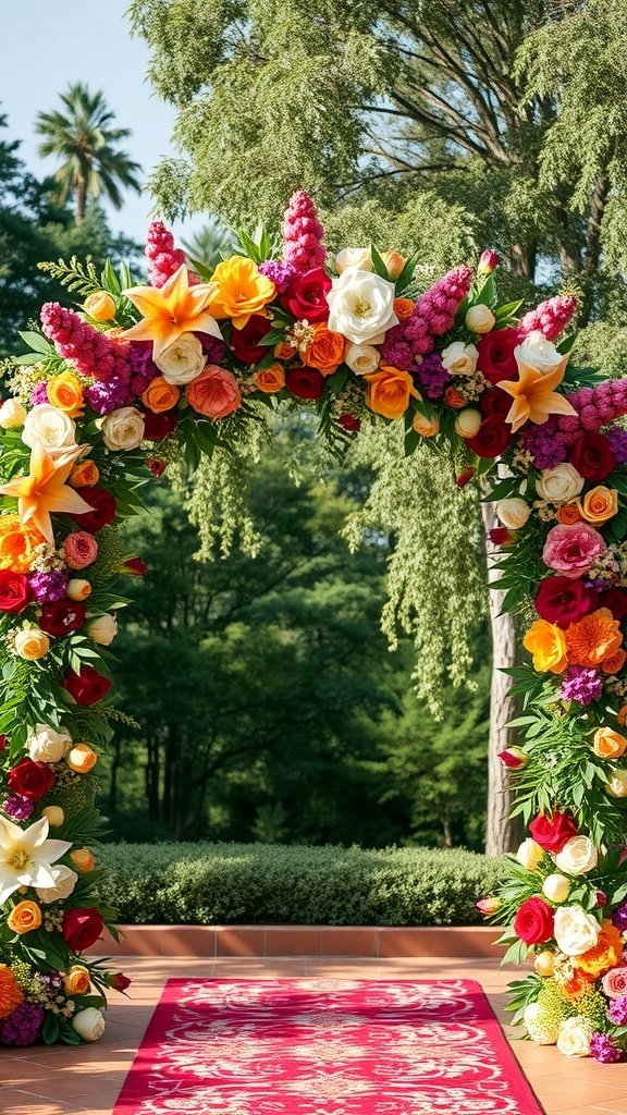 A vibrant floral archway decorated with colorful flowers, set in a lush outdoor environment.