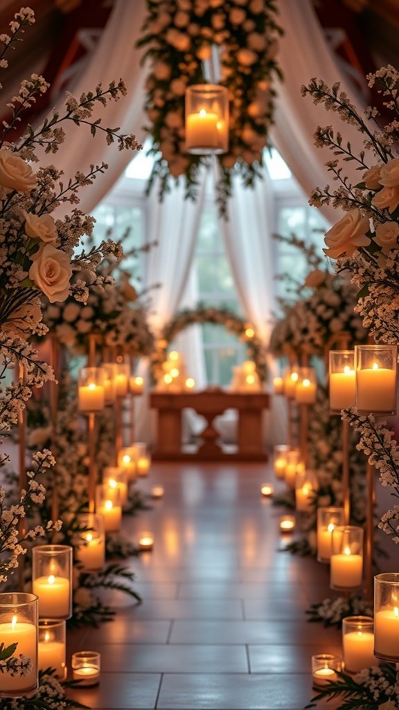 A romantic wedding aisle decorated with candles and flowers.