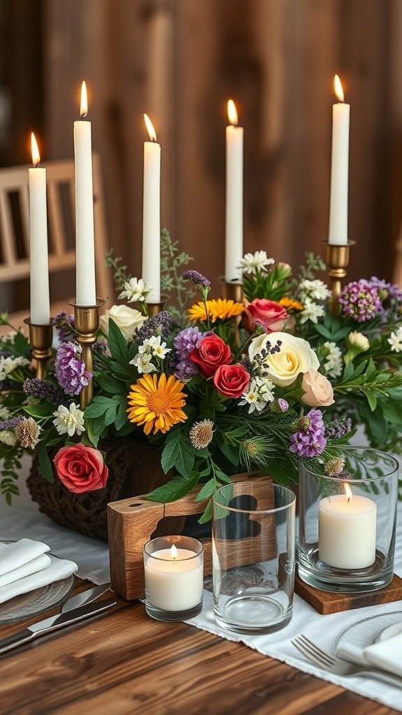 A rustic wedding centerpiece featuring colorful flowers, candles, and wooden elements.