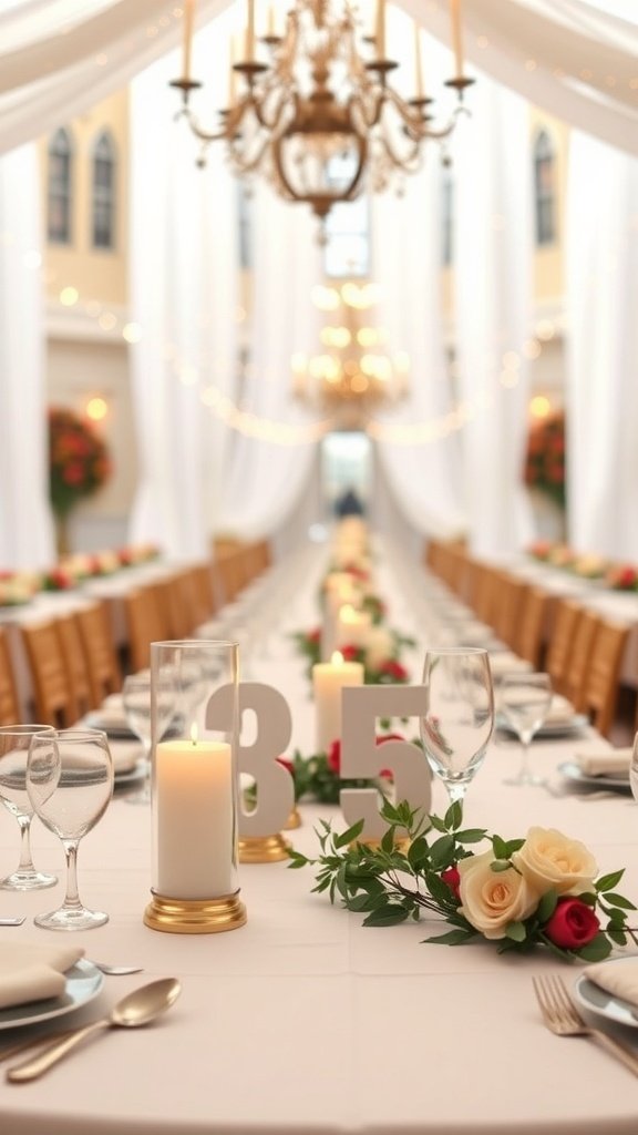 Elegant wedding table setting with custom table number 35, candles, and floral arrangements.