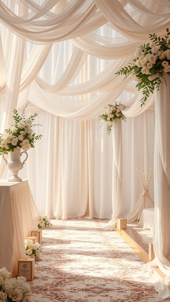 A beautifully decorated wedding space with soft drapes and floral arrangements.