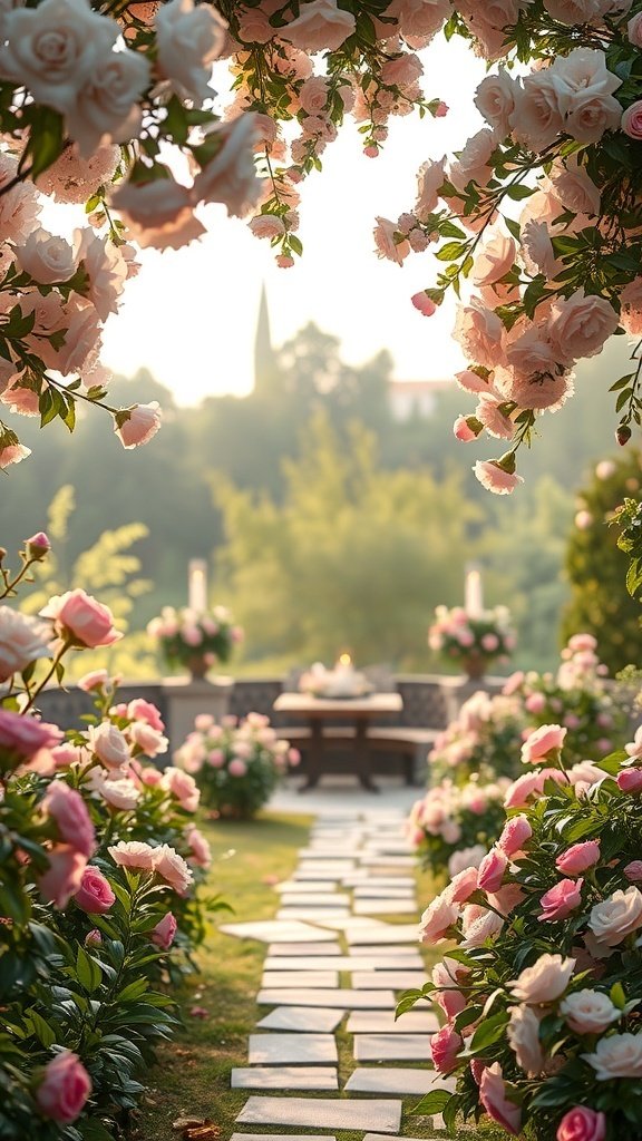 A charming garden setting with a stone path lined with pink roses, leading to a cozy table surrounded by flower arrangements.