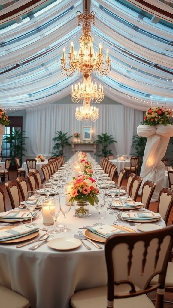 A beautifully decorated wedding reception with vintage accents, featuring a chandelier, floral centerpieces, and elegant table settings.