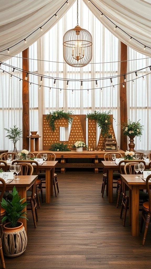 A rustic wedding venue with wooden tables, string lights, and floral decorations.