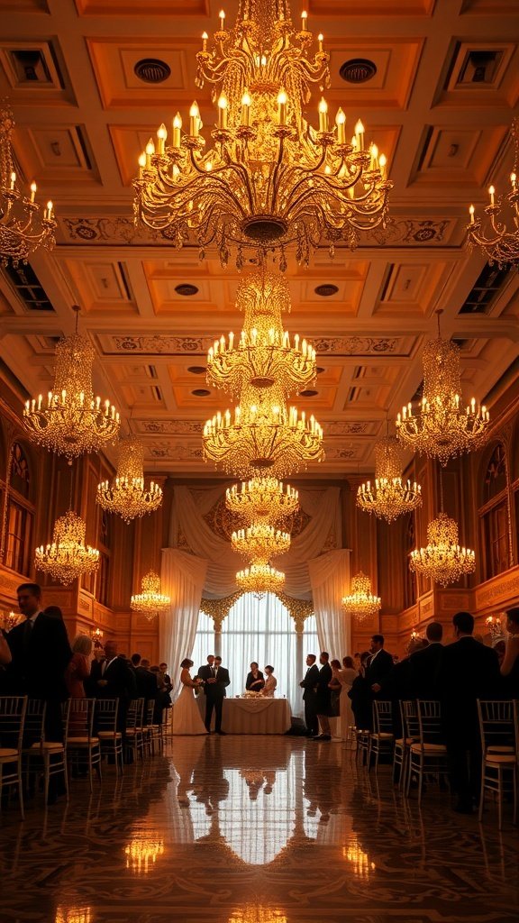 A beautifully decorated ballroom with multiple sparkling chandeliers, creating a romantic atmosphere for a wedding.