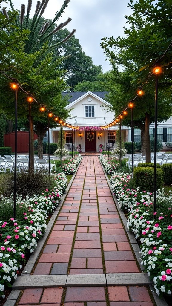 Charming outdoor pathway lined with flowers and string lights