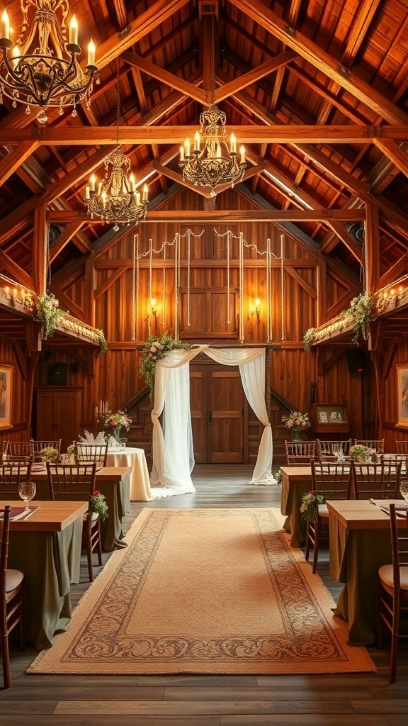 Interior of a rustic barn decorated for a wedding with wooden beams, chandeliers, and floral arrangements.