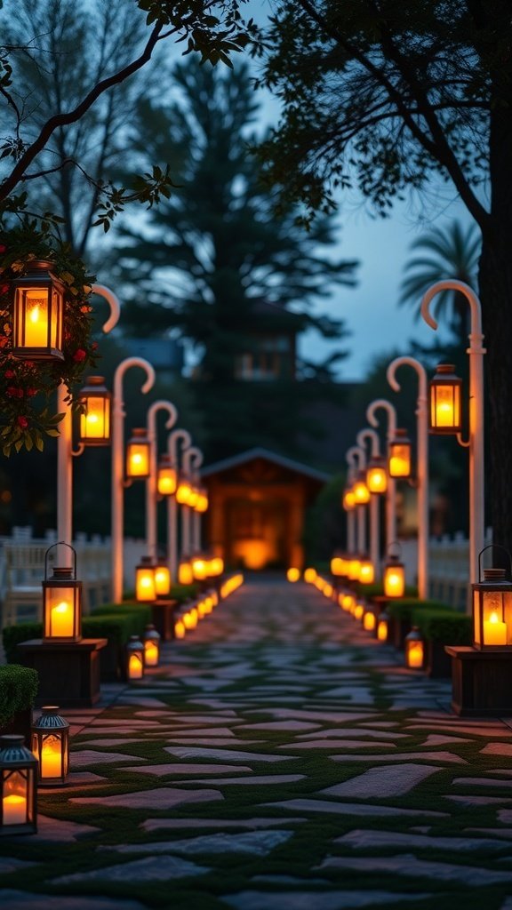 A romantic outdoor wedding path lined with glowing lanterns